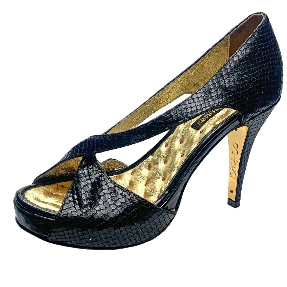 SHAWN and SHANE Black Reptile Embossed Leather Hidden Platform Stiletto